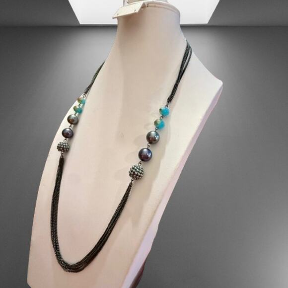 Roman Long Multi-Strand Gun Metal Blue Beaded Chain Necklace - Picture 7 of 7